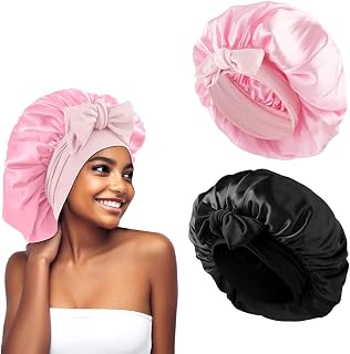 2pcs Curly Hair Silk Headset, Evening Hair Night Cap, Silk Night Cap with Adjustable Straps, Soft and Comfortable Satin Sleeping Cap