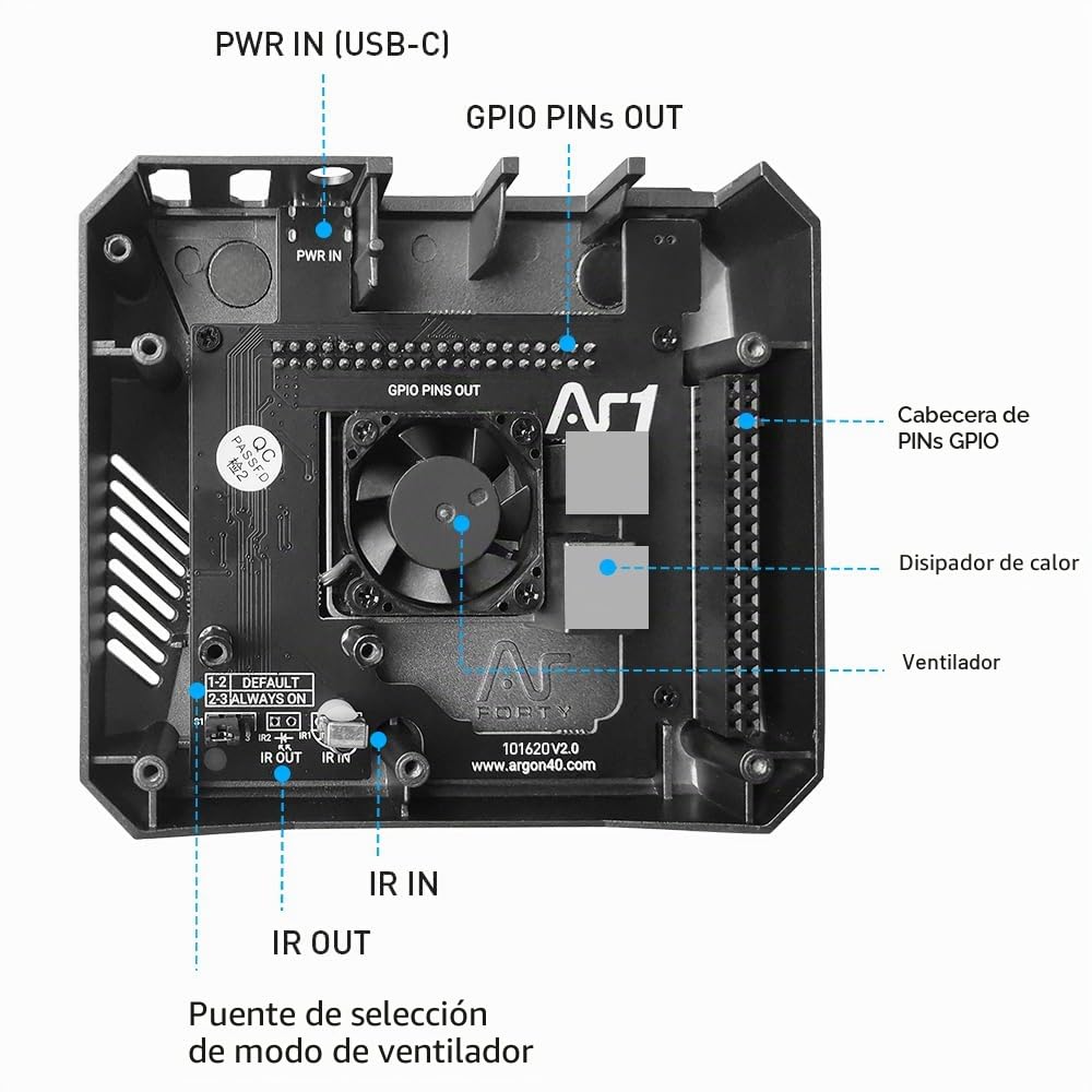 GeeekPi - Carcasa para Argon One Raspberry Pi 4, de aluminio, con ventilador, disipador de calor, botón de encendido, compatible con juegos retro, películas y música