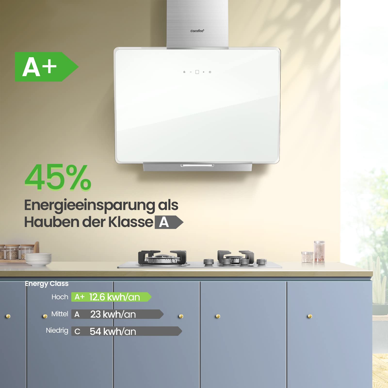 COMFEE' A+ Dunstabzugshaube 60cm CHK 3.6J64A1W Wandhaube aus gehärtetem Glas und Edelstahl mit Touchscreen, LED und Umluft- und Kanalsystem Wandmontierte Dunstabzugshaube, Weiß