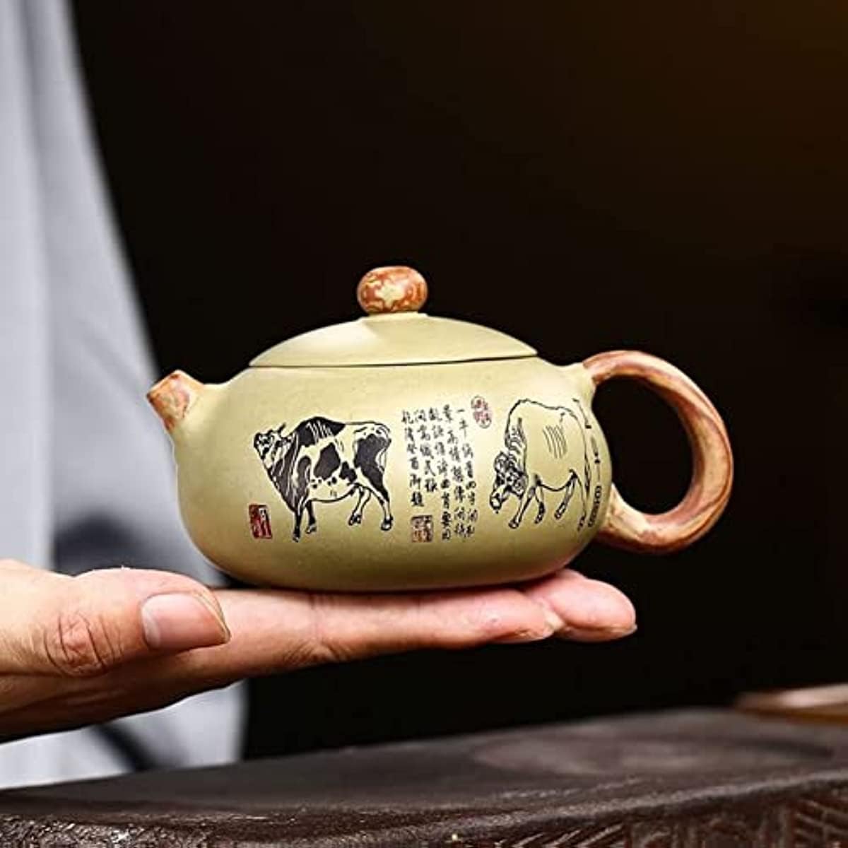 Set da tè Cinese Gongfu, teiere Cinesi in Argilla Viola da 260 ml, teiera in Argilla Verde con Filtro in Minerale Grezzo, bollitore Xishi a Cinque Mucche Dipinto a Mano