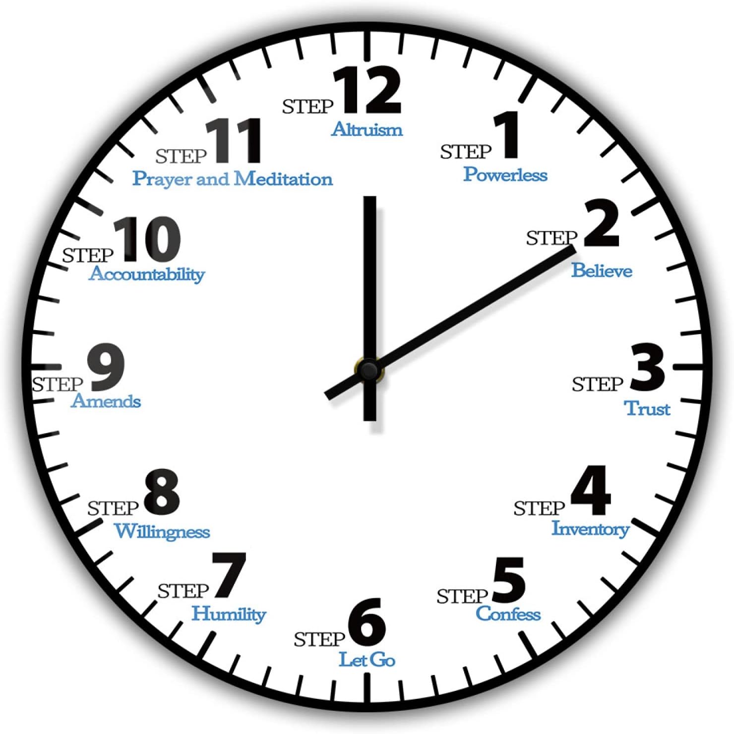 Printed Wall Clock 12 inch 12 Steps Recovery Mental Health Inspirational Wall Clock Sobriety Sober Clean Artwork Motivational Home Decor Clock for Bedroom