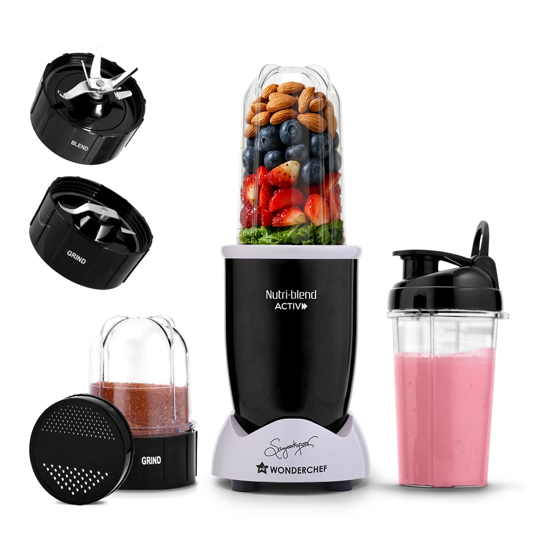 Wonderchef Nutri-blend Activ Mixer Grinder Blender, Smoothie Maker, 500W 22000 RPM 100% Full Copper Motor, 2 Unbreakable Jars, SS Blades, 2 Year Warranty, Recipe book by Chef Sanjeev Kapoor, Black