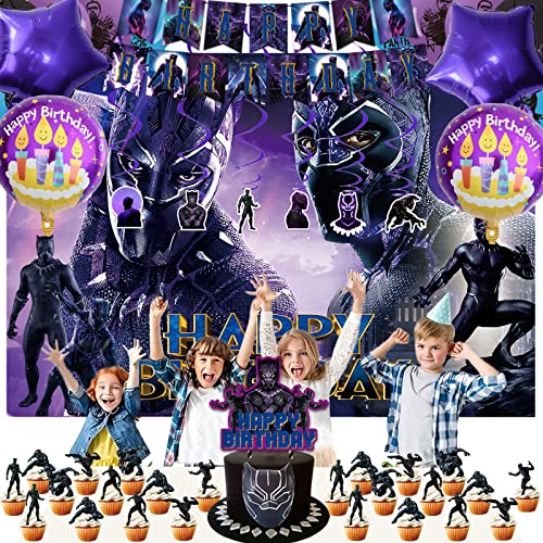 114 Pcs Black Party Supplies, Include Birthday Banner, Backdrop, Cake Topper, Cupcake Topper, Latex Balloon, Hanging Swirl, And Cute Mask Kids Birthday Party Supplies #TOP4