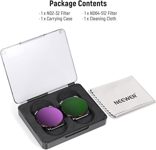 Miniatura 9 de NEEWER Juego de filtros ND variables compatibles con DJI Air 3, paquete de 2 ND2-32 (1-5 paradas) y ND64-512 (6-9 paradas), kit de filtro de