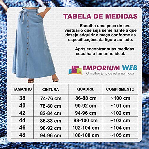 Saia Longa Jeans com botões Frontal e cinto - EWF Jeans – Azul Claro (44)
