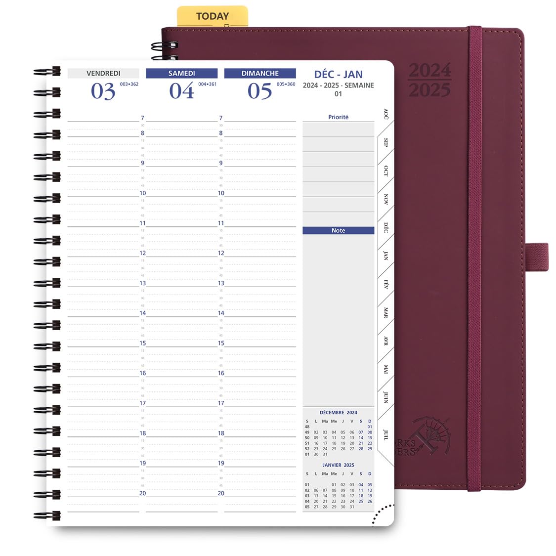 POPRUN Agenda semanal de 2024 2025 Espiral escolar A4 en francés, intervalos de 15 minutos, pestañas mensuales, papel de 100 g/m², caja de regalo, tamaño grande, 28,5 x 22,2 cm, burdeos