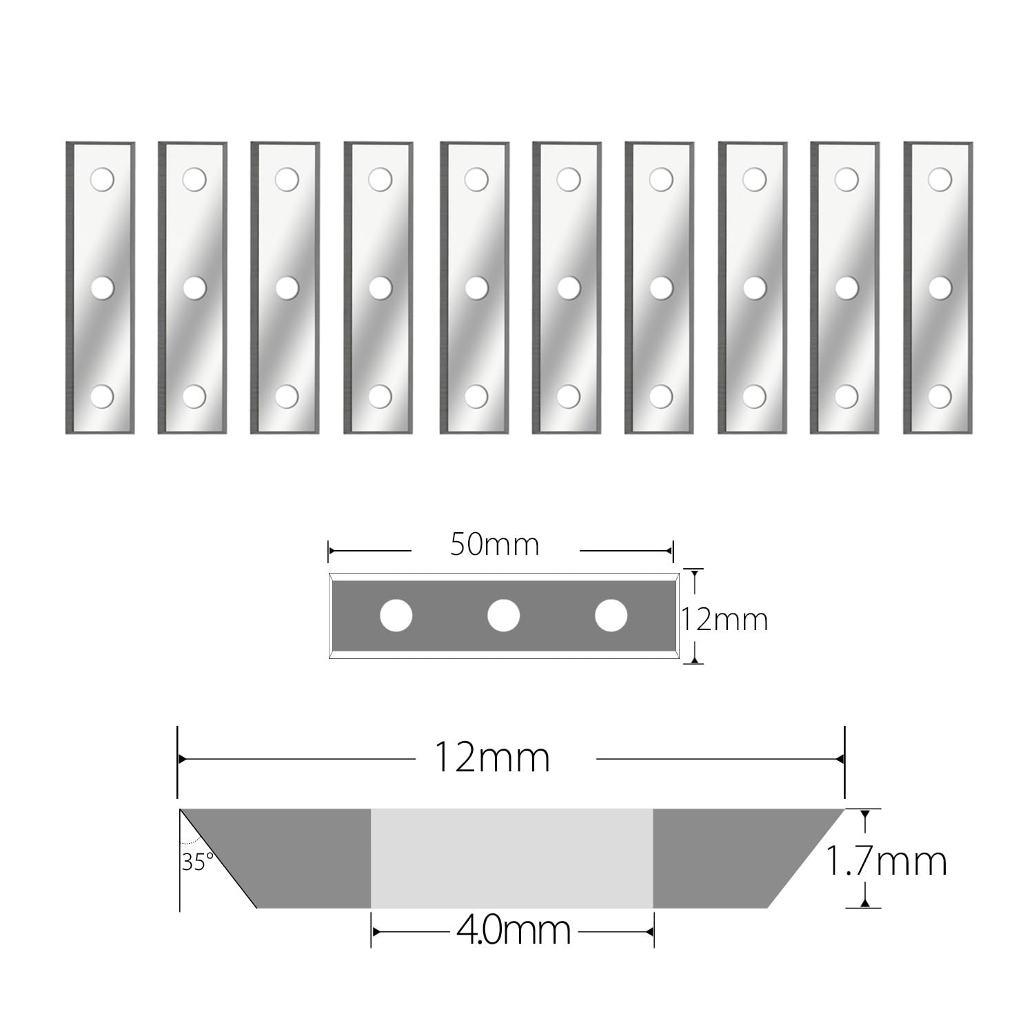 10 szt. 4-ostrzowych płytek węglikowych, ostrzy frezarskich z węglika wolframu 50 mm do wymiennych głowic strugarek spiralnych(50X12X1.7mm)