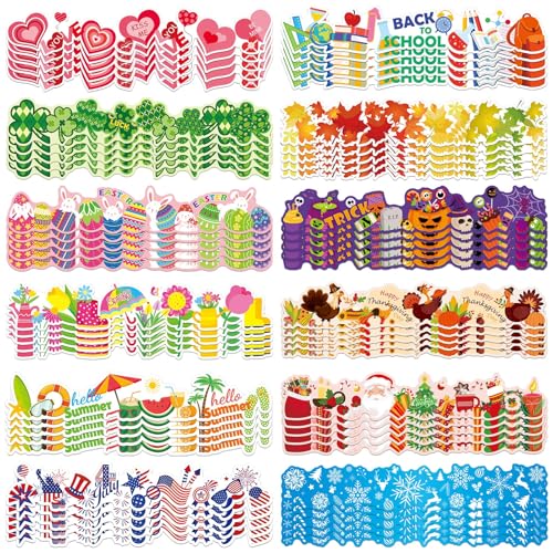 Geyee 360 Pcs Halloween Bulletin Board Borders Decorations Fall Thanksgiving Christmas Holiday Spring Easter Valentine Classroom Borders Bulletin Board Trim for Classroom School, 12 Design(Lovely)