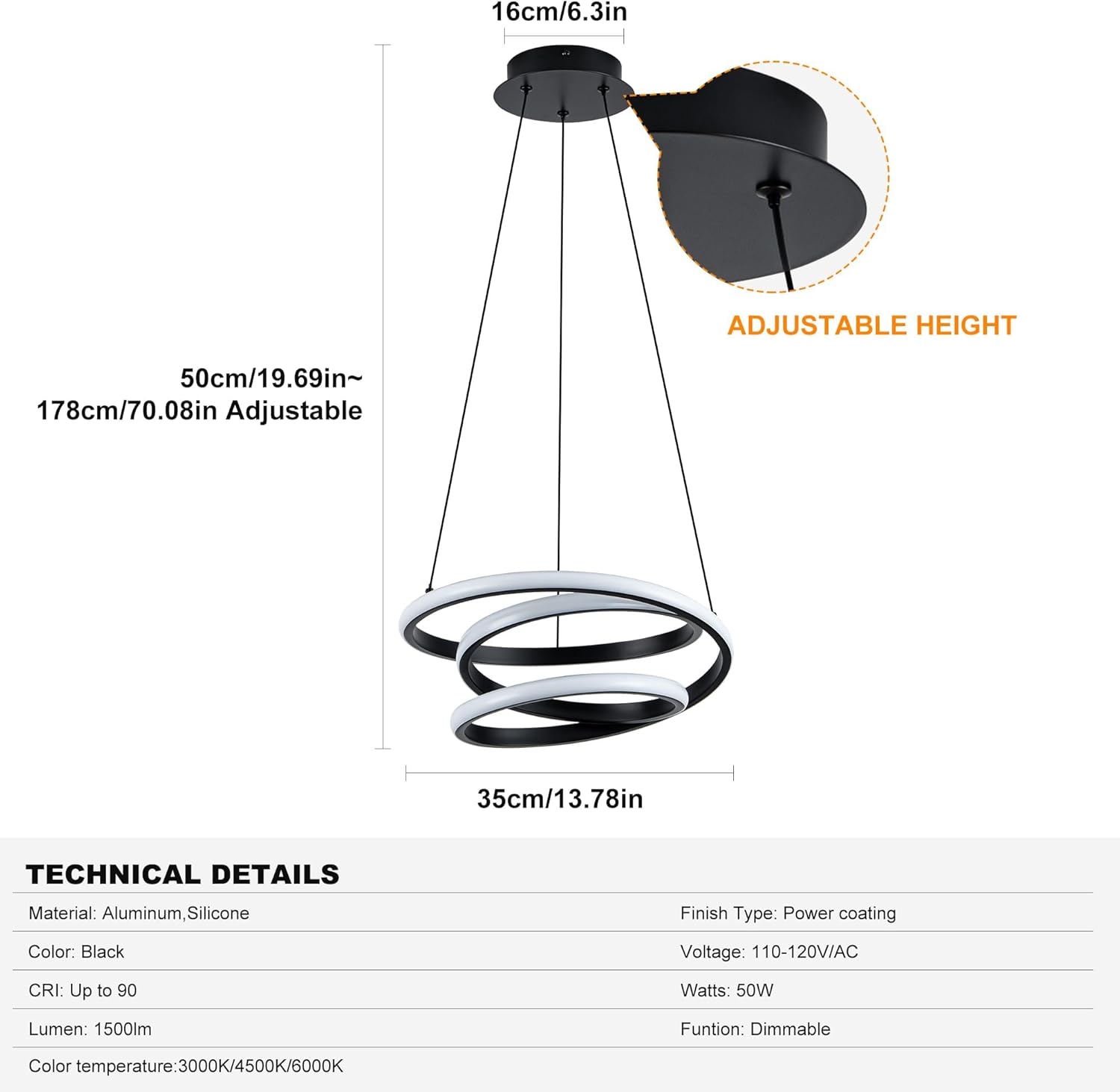 Mayful Modern Chandelier with Remote Control, 3-Color Dimmable LED Pendant Light Fixtures, Height Adjustable Kitchen Island Lighting for Dining Room,Bedroom,Living Room,Foyer,Office Black 13.78 inches