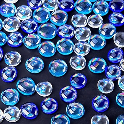 DomeStar Iridescent Glass Pebbles, 65PCS Flat Glass Marbles Sparkling Flat Beads Blue Mixed Gemstones for Vase Filler Home Decor DIY Craft Cover