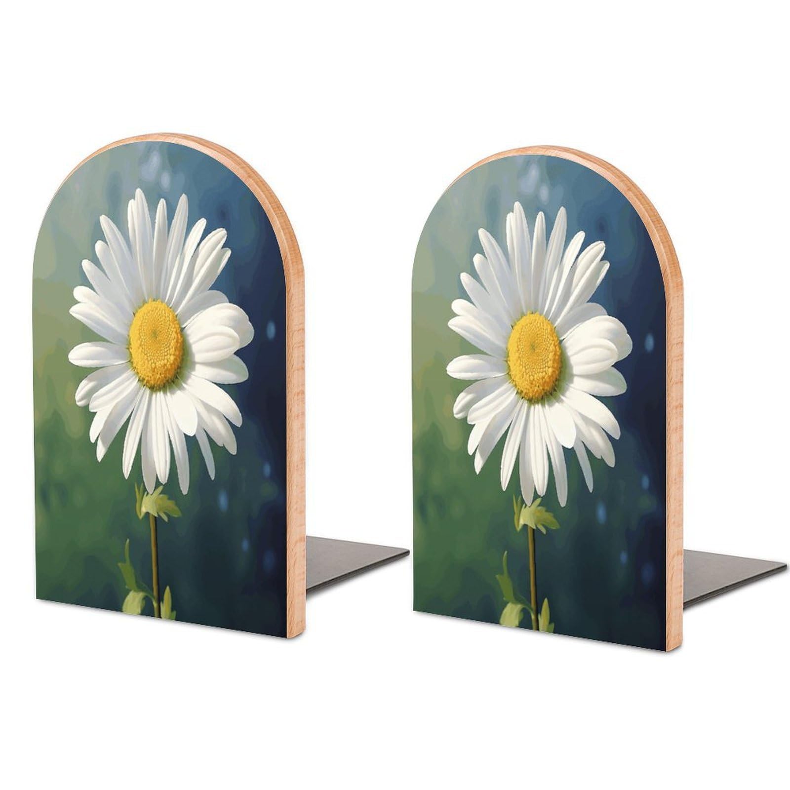 Daisy Flower Bookends Modern Bookends for Shelves Fashion Heavy Duty Book Stopper Sturdy Non-Skid Metal Base Wood Book Ends for Library Home Office 1 Pair