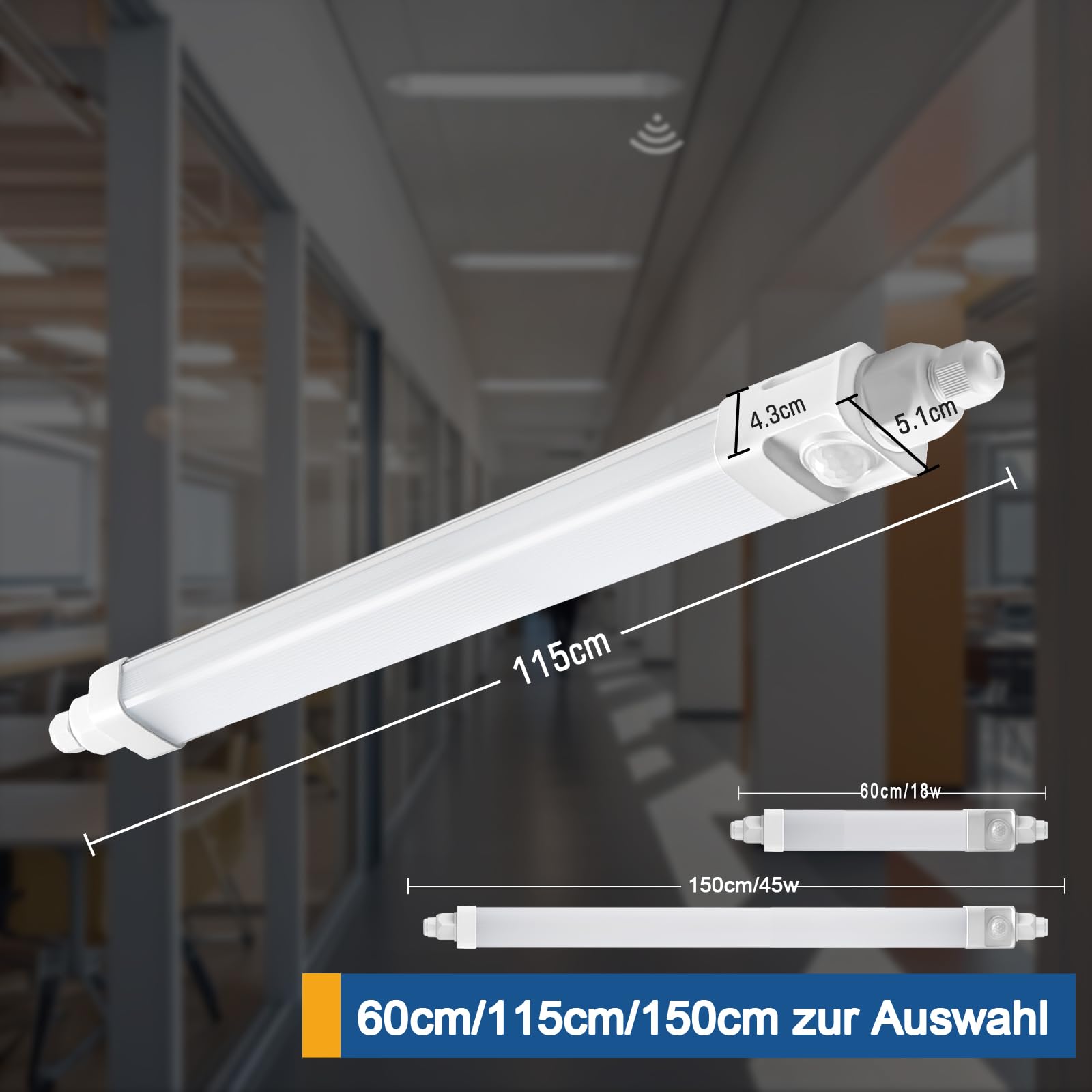 LED Feuchtraumleuchte 115cm mit Bewegungsmelder, 36W 3600LM LED Sensor Feuchtraumlampe im Reihenschaltung, IP65 Wasserfest Werkstattlampe für Keller Garage Feuchtraum, Neutralweiß 4000K