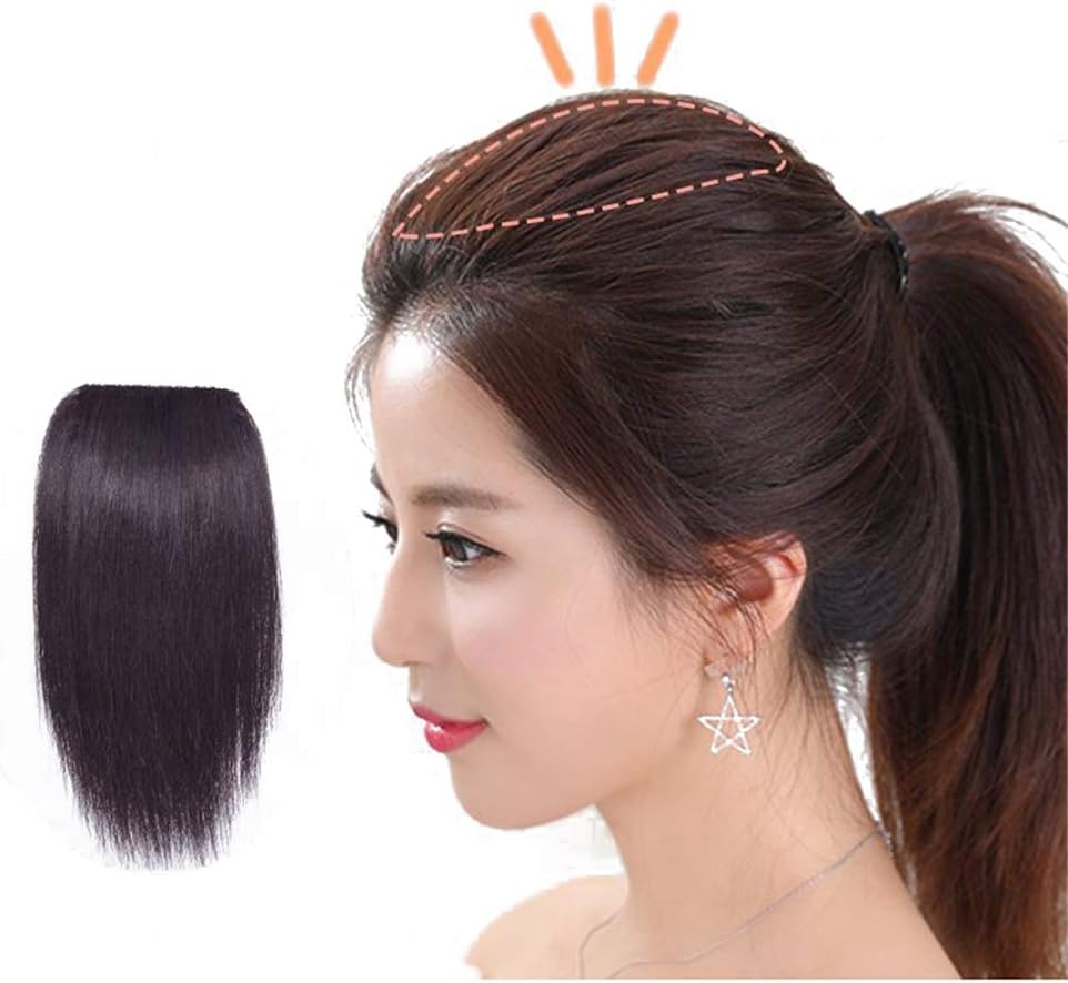 Clip on Forehead Topper Hair Extensions, 3" Width Straight Human Hair Clip in Wiglet Hairpieces for Women, 16" Off Black