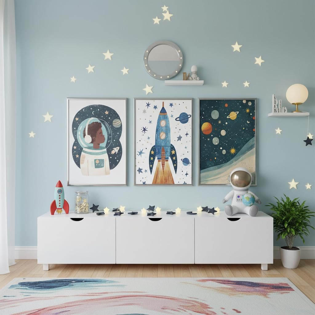 PNFBQRG 3Pcs Space Nursery Wall Art Whimsical Outer Space Posters Artwork Rocket Astronaut Planet Painting Pictures Wall Decor for Boys Kids Room Bedroom Nursery Room 16x24In Unframed