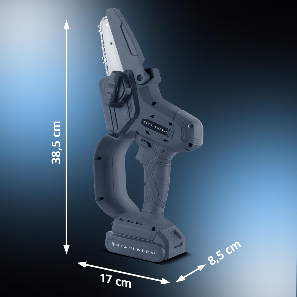 STAHLWERK Mini motosega a batteria (MAK-20 ST) – Set con batteria da 2 Ah, caricabatterie, catena di ricambio e spada di ricambio, sega a mano senza brushless, 6"/15,2 cm, 4,8 m/s, per legno, rami
