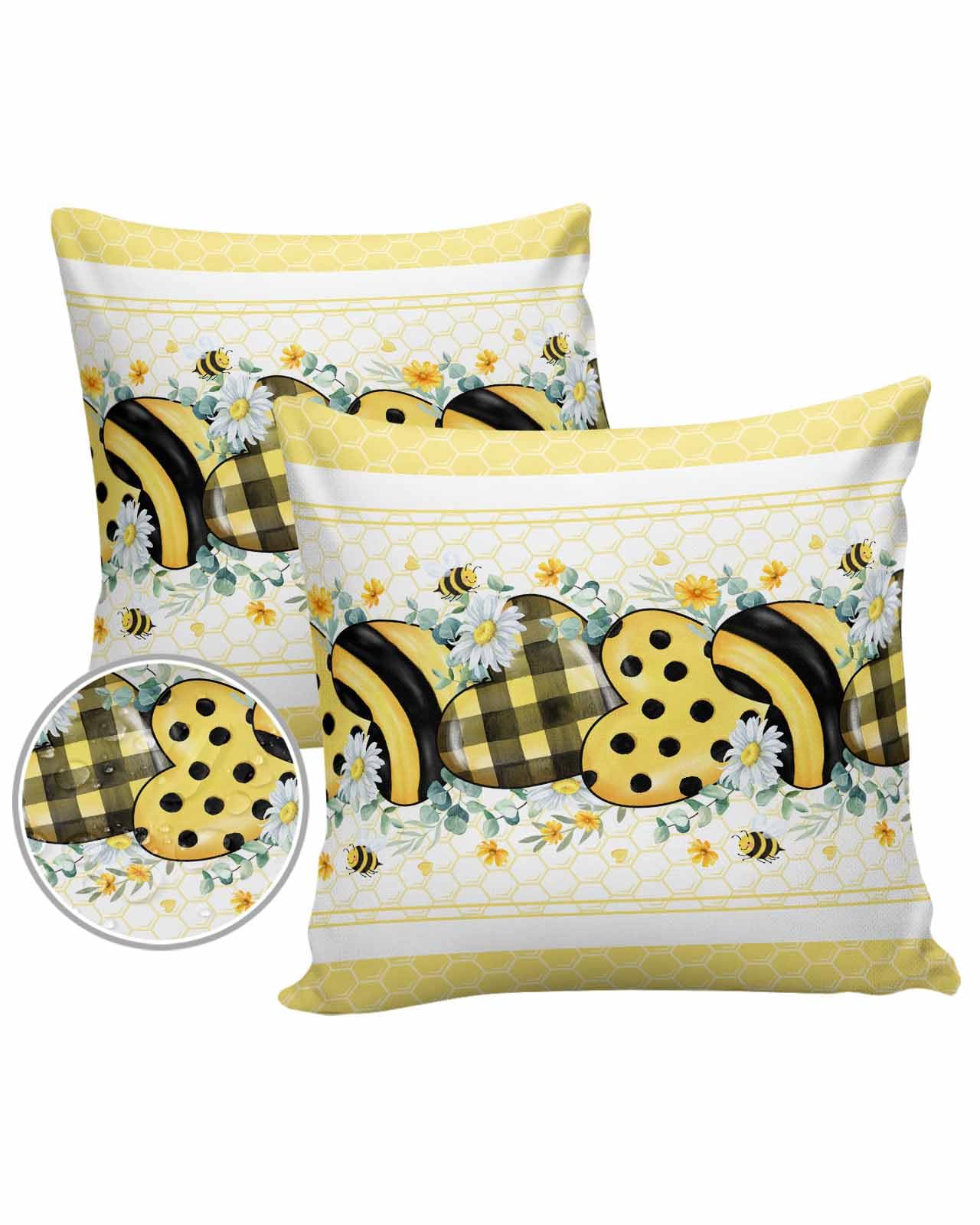 Summer Bee Outdoor Pillow Cover 20x20 Inch Cushion Sham Case,Waterproof Decorative Square Throw Pillowcase for Outside Garden Patio Porch Couch Chair Tent Honey Yellow Flower Love Heart Eucalyptus