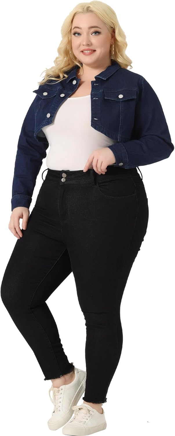 Agnes Orinda Plus Size Denim Jacket for Women Long Sleeve Washed Button Jean Crop Denim Jackets - Image 3