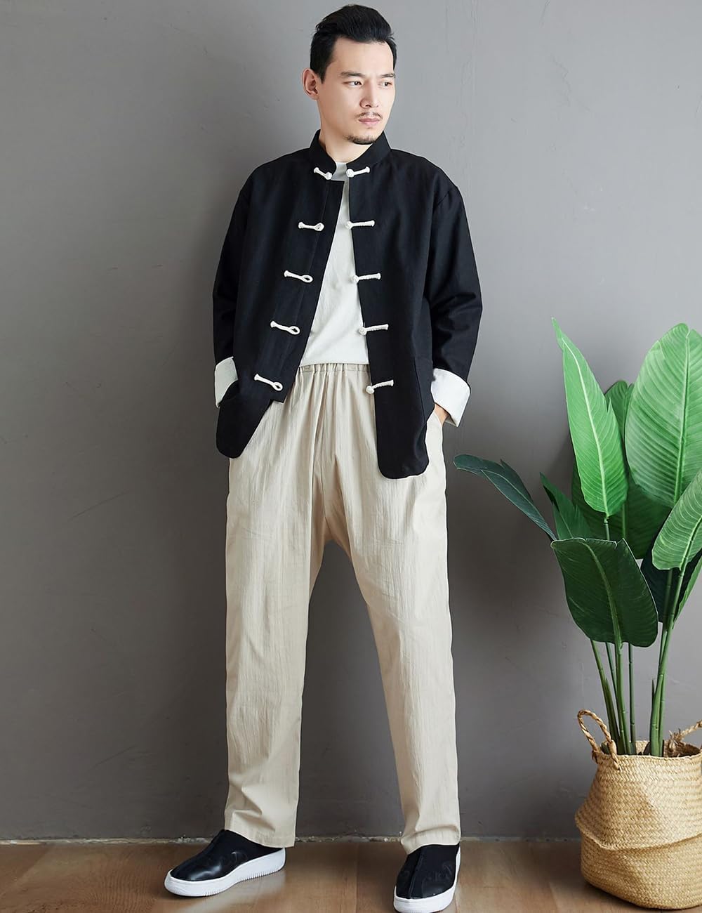 Ystylee Mens Tang Suit Shirt Long Sleeve Contrast Color Chinese Frog Buttons Lightweight Jacket