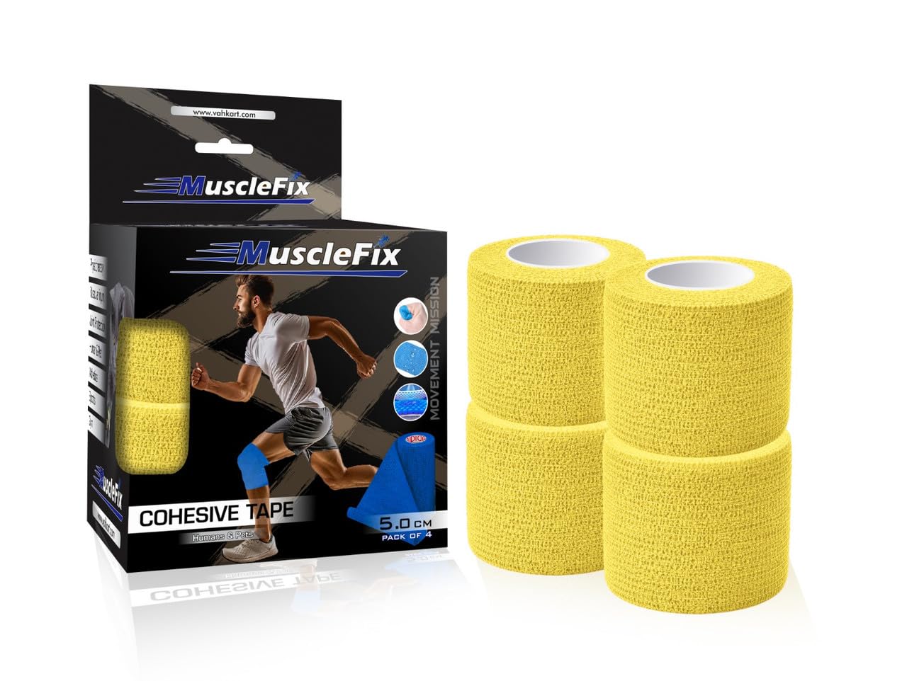 Cohesive Self-Adhesive Bandage Wrap | Elastic Sports Bandage for Muscle & Joint Support | Breathable, Non-Slip, No Glue | Physiotherapy, Gym, Human & Pet Use (5 cm) (Pack of 4)-Yellow-image-25