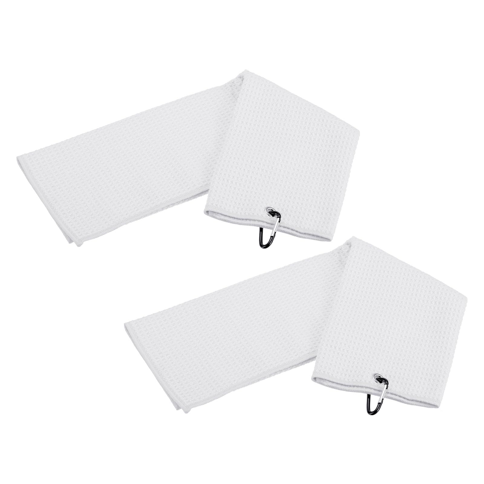 YOKIVE 2 Pcs Tri-Fold Golf Towels, Golf Club Waffle Pattern Towels with D Clip for Golf Balls Lovers (White, 12x12-Inch)