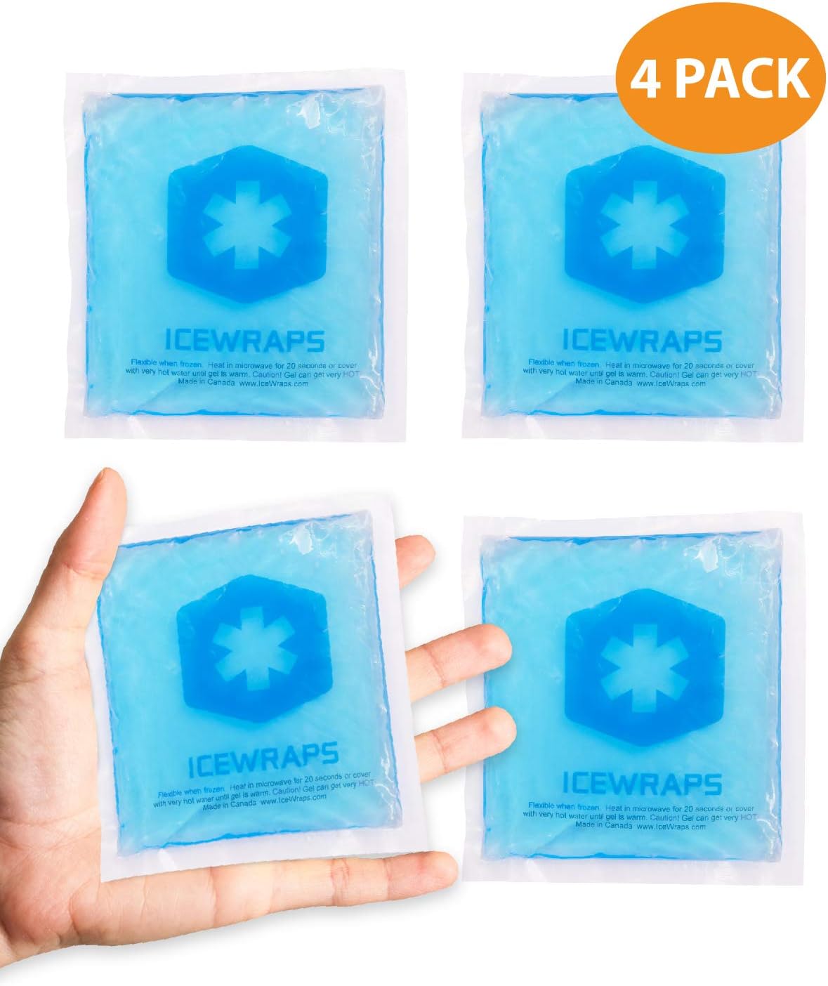 IceWraps Reusable Gel Packs for Icing Injuries, Wisdom Teeth, Kids Ice Packs For Boo Boos, Microwavable Heat Pads 5"x5" - 4 Pack