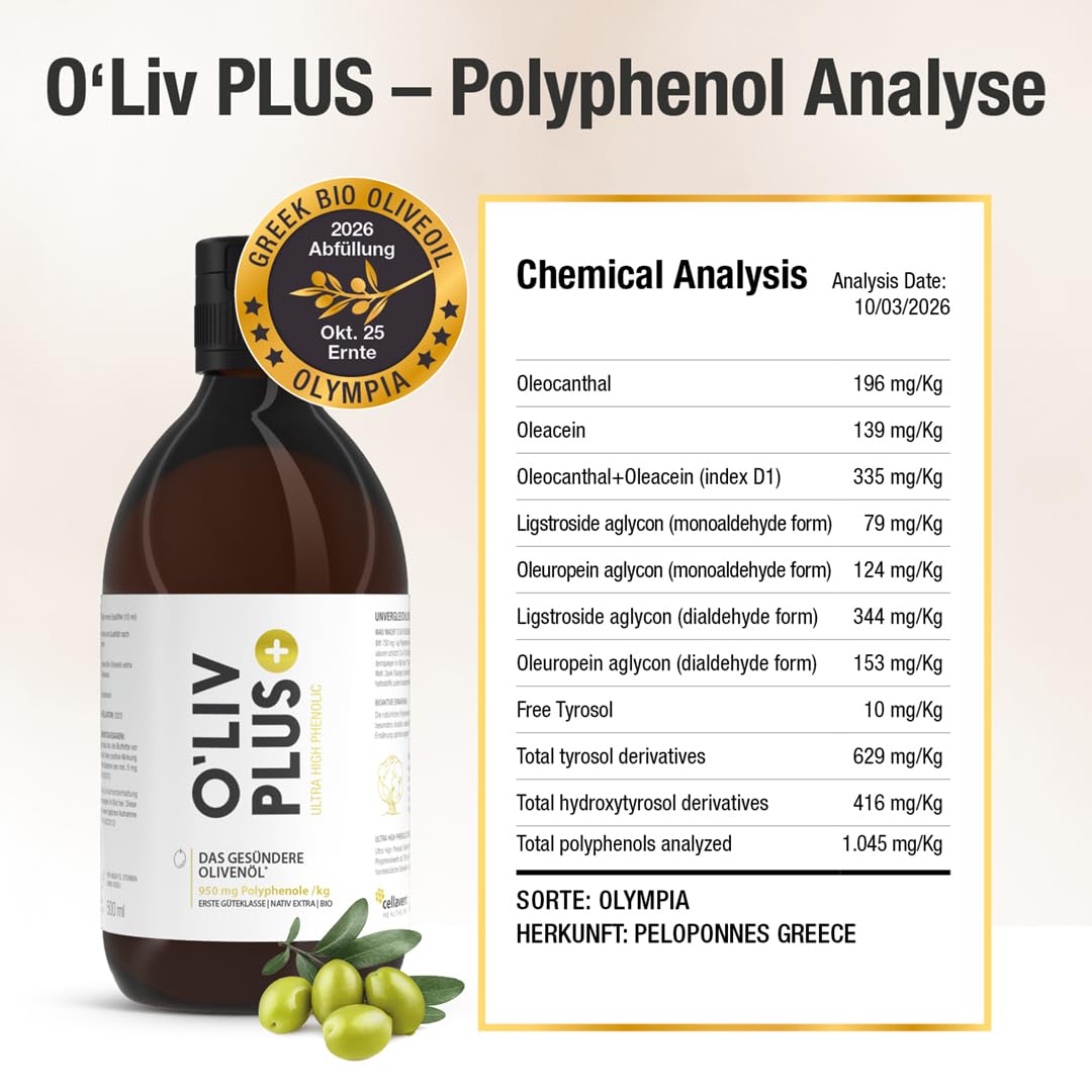 Das Olivenöl mit Gesundheitswert – extra hoher Polyphenol-Gehalt 950 mg/kg – Bio-Qualität – nur 1 Esslöffel/Tag – Oliv PLUS – 1000 ml – 100 Portionen (1000 ml)