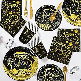 JeVenis New Year Party Supplies Happy New Year Party Plates and Napkins New Year Eve Party Tablecloth Black Gold Party Plates 2023 New Year Party Decoration
