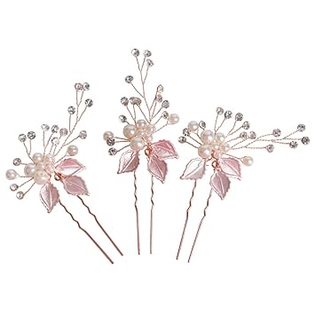 Sppry Wedding Hair Pins (3 Pcs) - Elegant Pearl Leaf Crystal Hair Accessories for Bridal Women (Rose Gold)