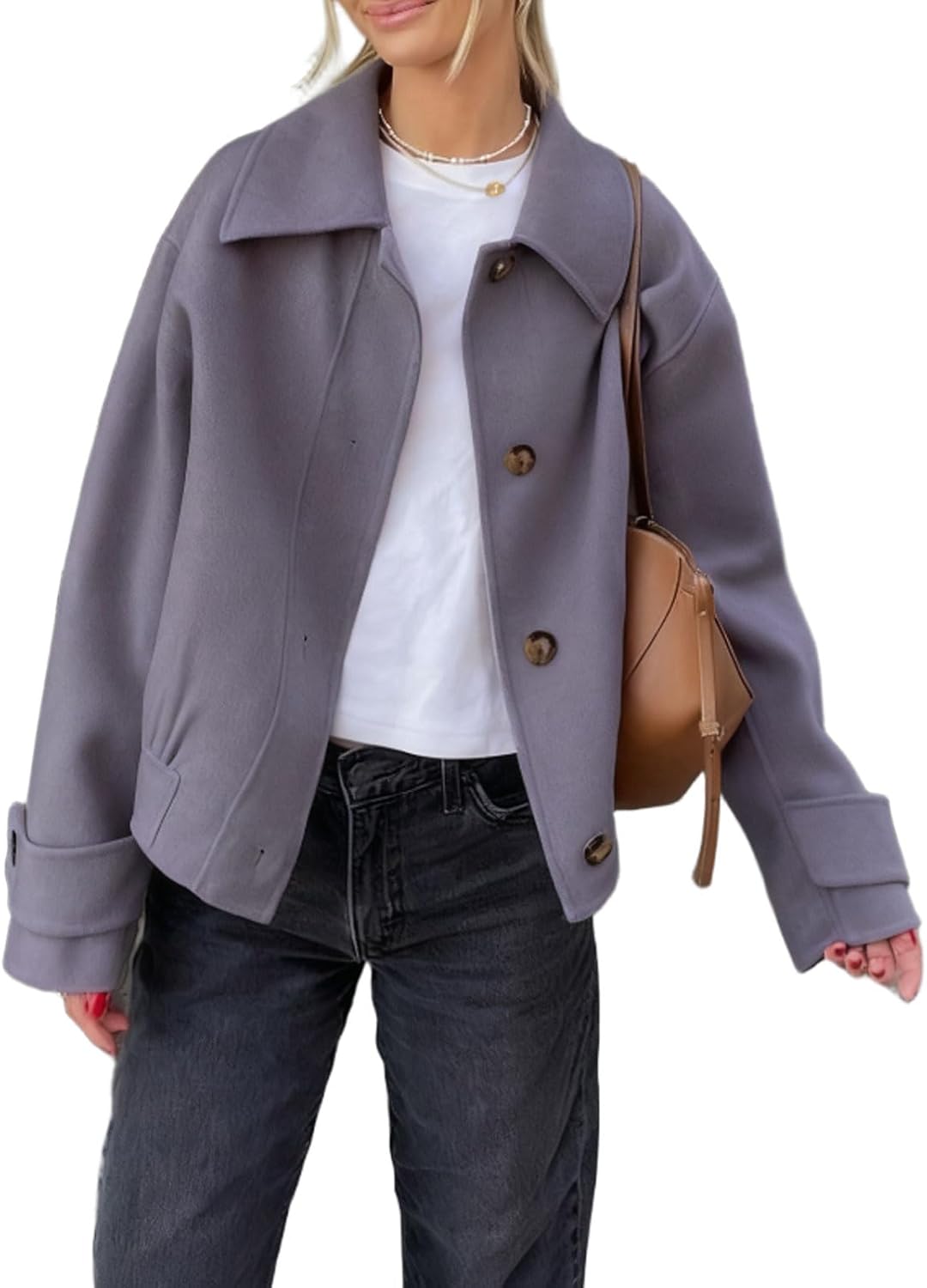 CHARTOU Women's Wool Blend Short Jacket Oversized Lapel Bottons Cropped Pea Coat Winter Outwear