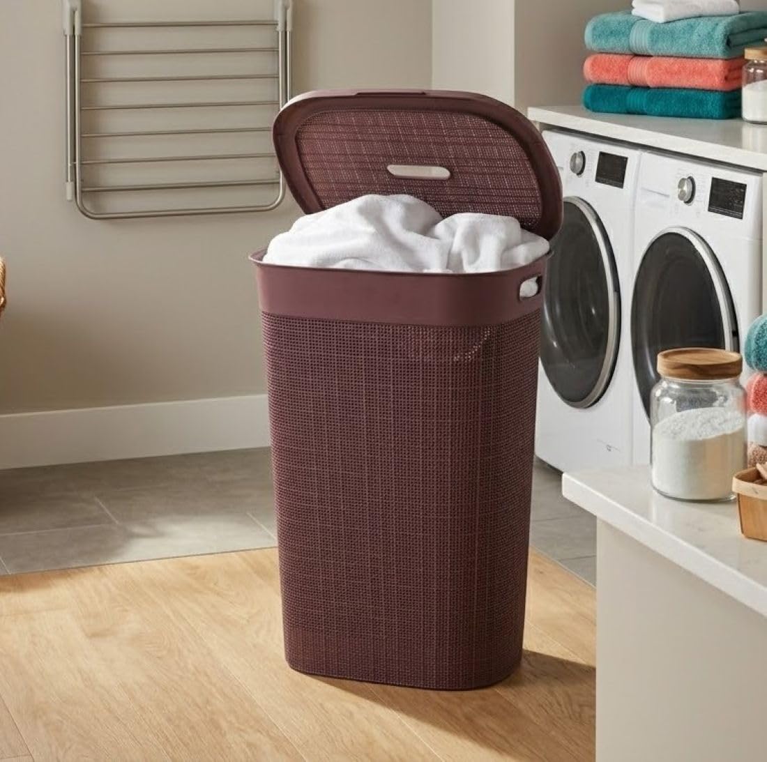 70 Ltr Plastic Big Laundry Basket for Clothes with Lid & Carry Handles | Lightweight & Ventilated Design Cloth Basket - Ideal for Home Organization and Storage | Brown-image-13