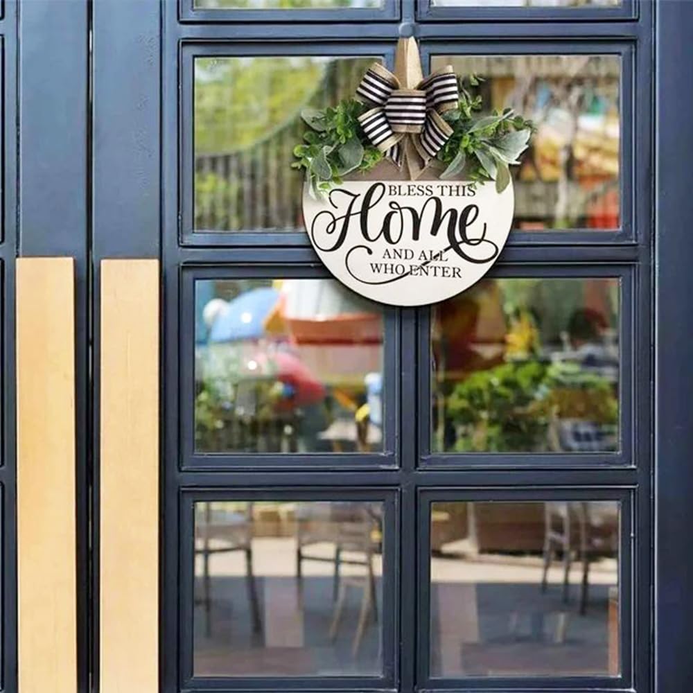 XBGJMY Targa Rotonda In Legno Benvenuto - 30,5 Cm Con Fiocco E Verde - Scritta 'Bless This Home' Per Parete O Porta