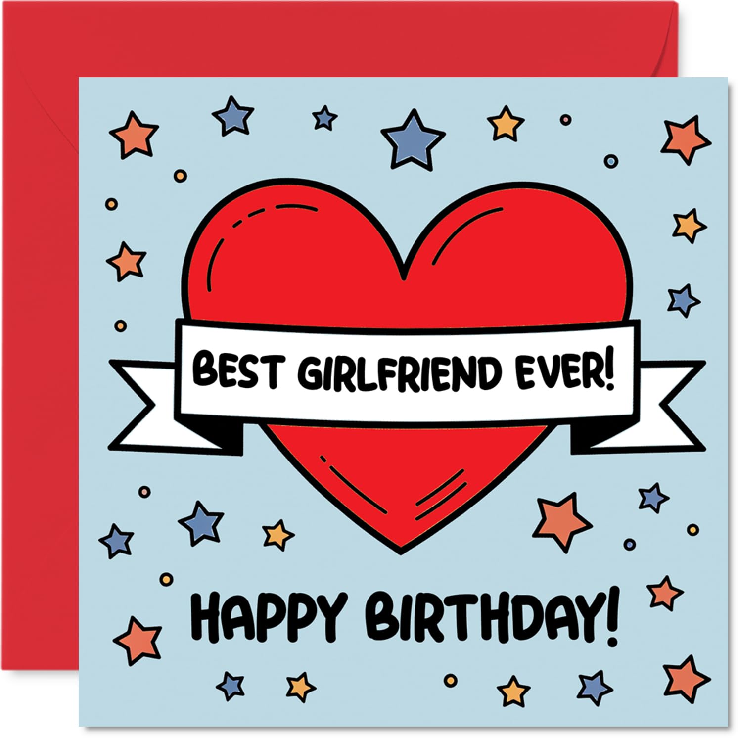 Heartfelt Birthday Card for Girlfriend - Bursting with Love - Bold Red Heart and Colourful Stars Design - 145mm Square, Envelope Included