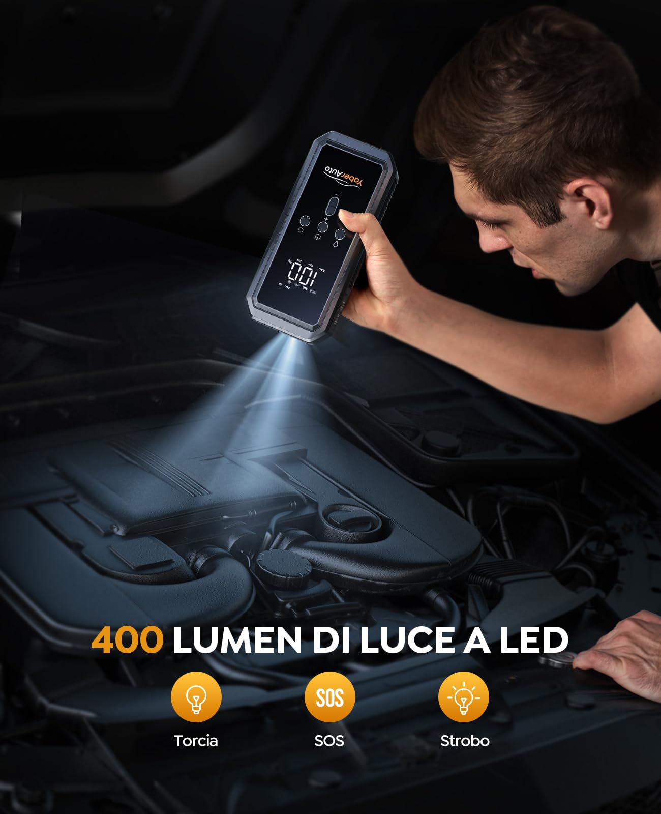 Avviatore Emergenza per Auto con Compressore 150PSI 5000A 21800mAh, YaberAuto Booster Avviamento Auto/Moto per 9.0L Gas/8.0L Diesel, 12V Starter Batteria con Ricarica Rapida 18W,Uscita DC 160W,Torcia