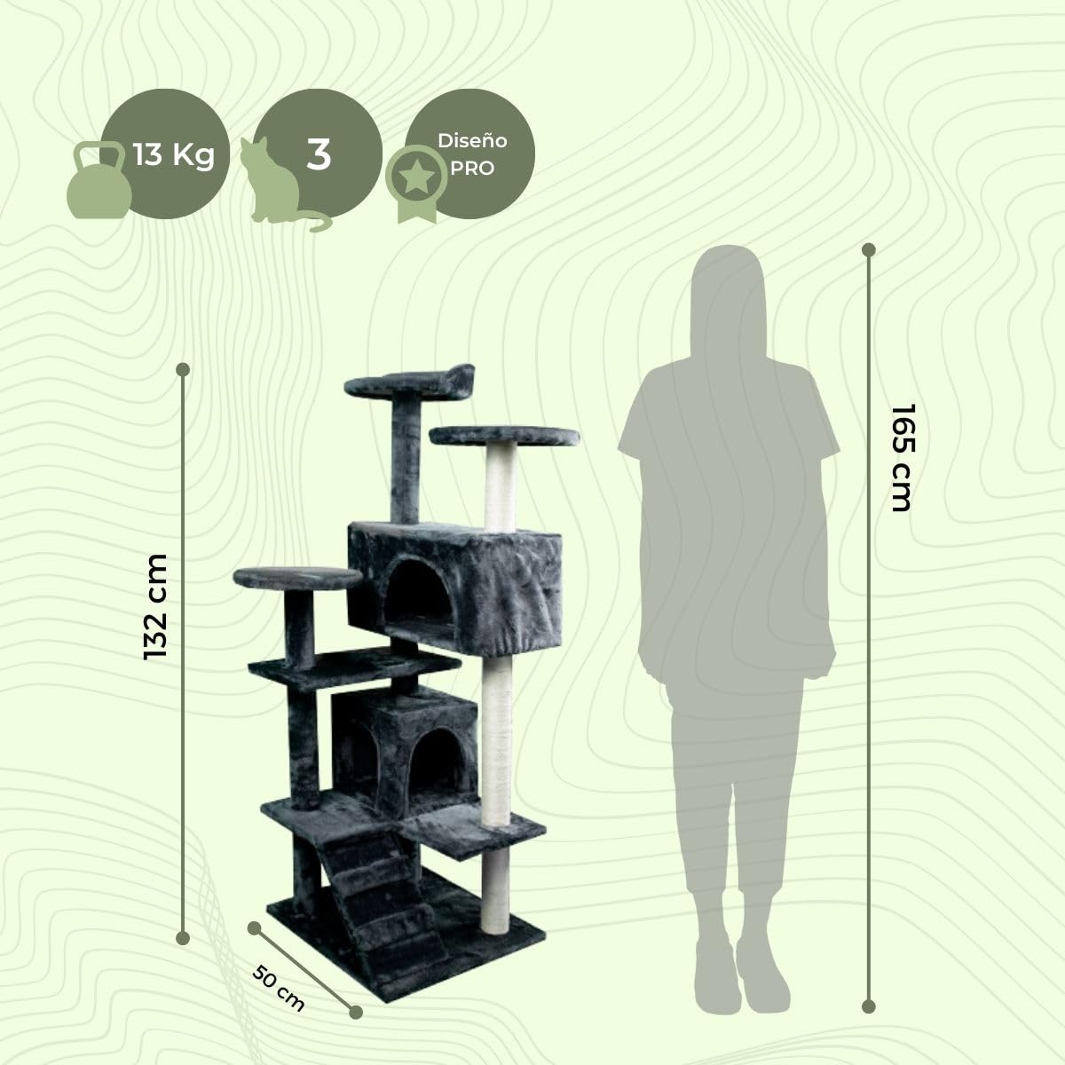 Mobiclinic, Rascador árbol para Gato, Modelo Tico, Grande, Escalar, 5 Alturas, Soporta hasta 10 kg, con Plataformas y refugios, Juguete desestresante, Cuerda de sisal, Gris