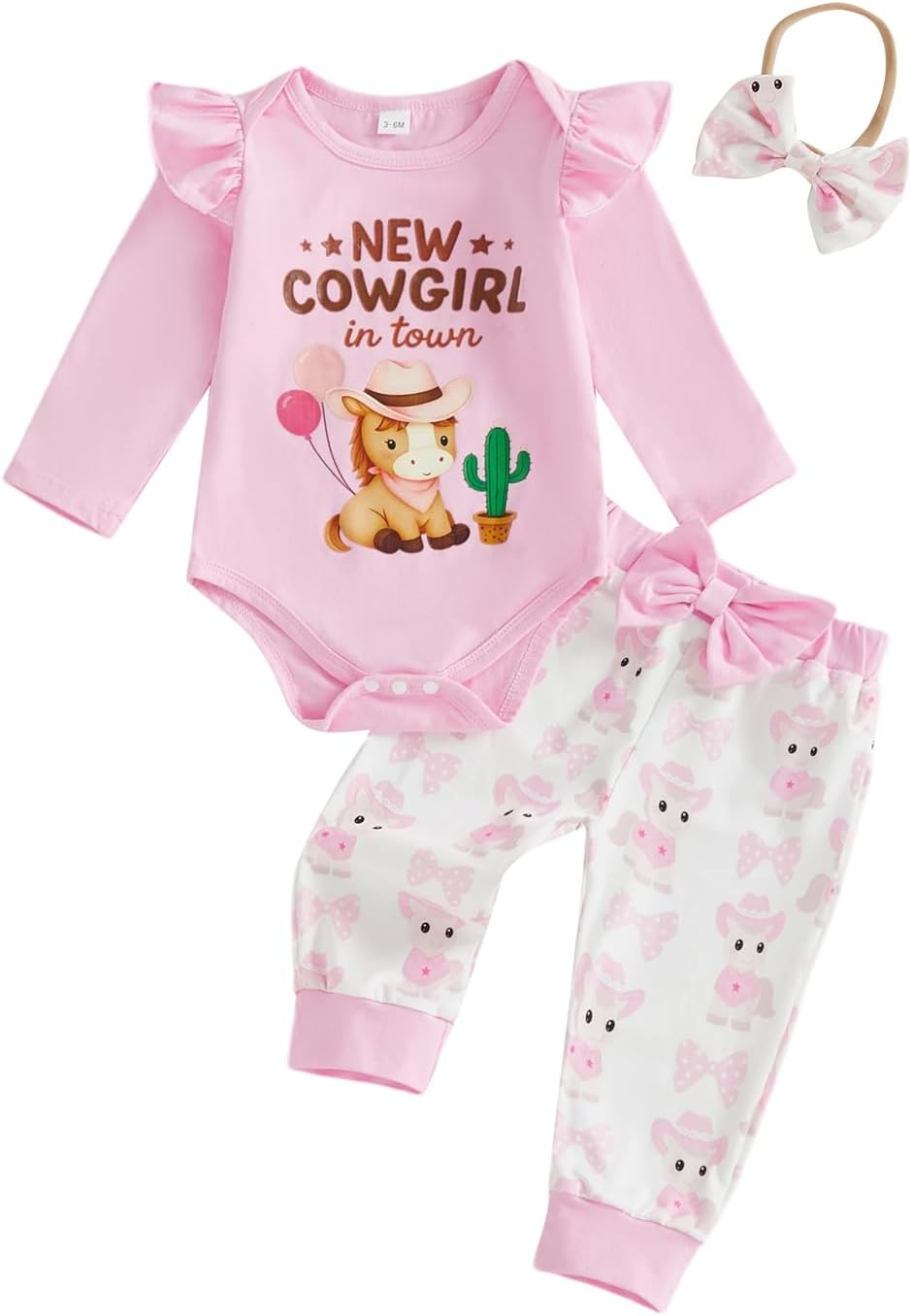 3PCS Western Baby Girl Outfit Ruffled Long Sleeve Romper Bow Cow Print Pants Headband Set Cowgirl Clothes