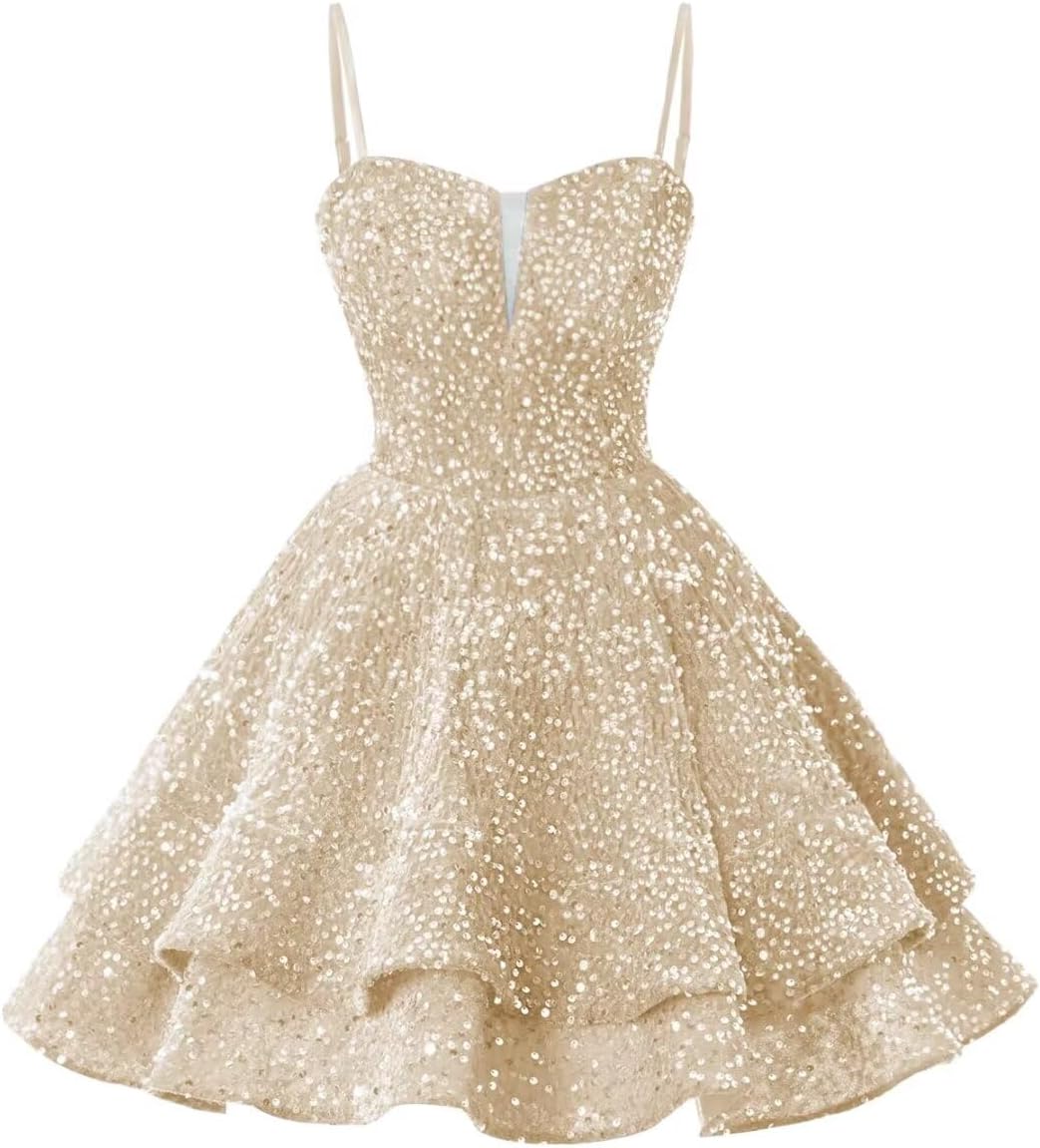 A Line Glitter Tulle Homecoming Dress for Women Spaghetti Strap, Mini Sweetheart Cocktail Party Dress Prom Dress