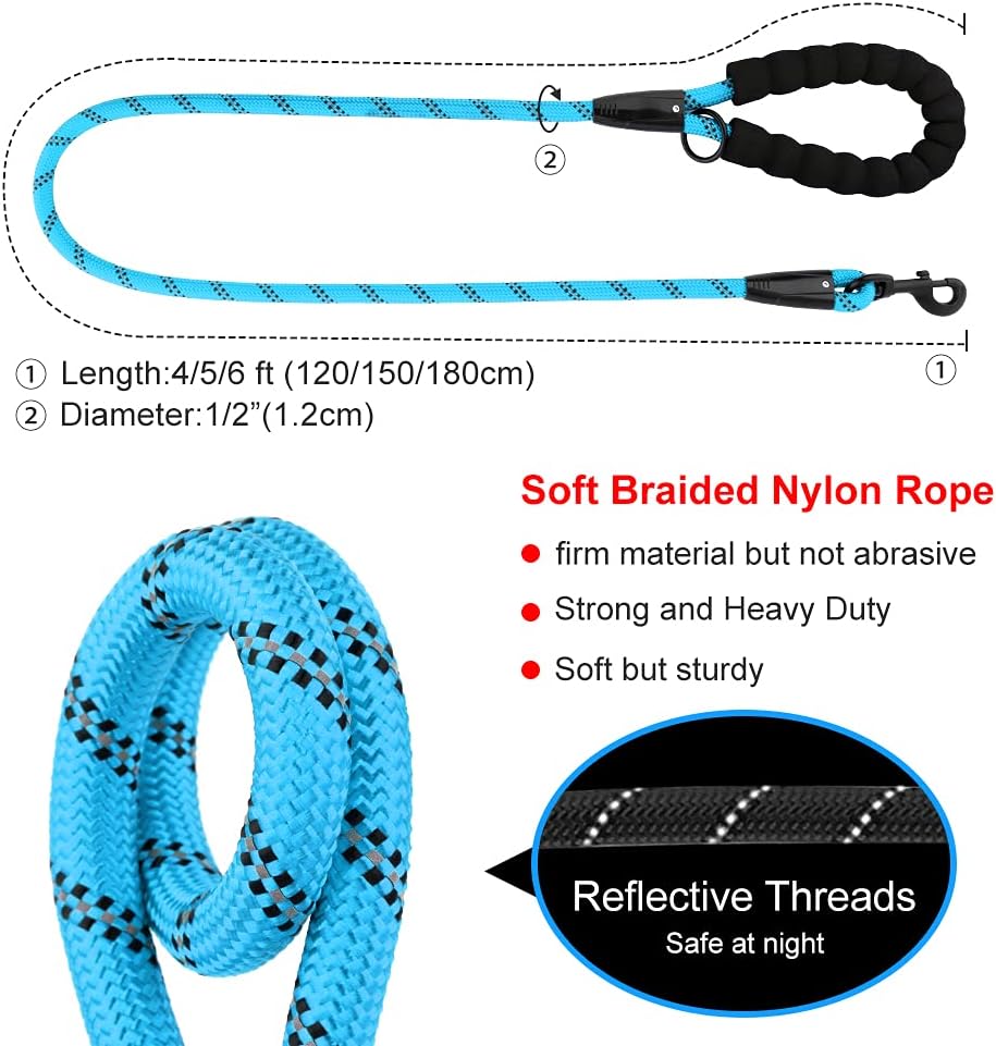 Plutus Pet Heavy Duty Rope Dog Leash with Comfortable Padded Handle, Highly Reflective Strong Sturdy 4/5/6 FT Dog Leash for Small Medium Large Dogs(1/2"×6', Light Blue)
