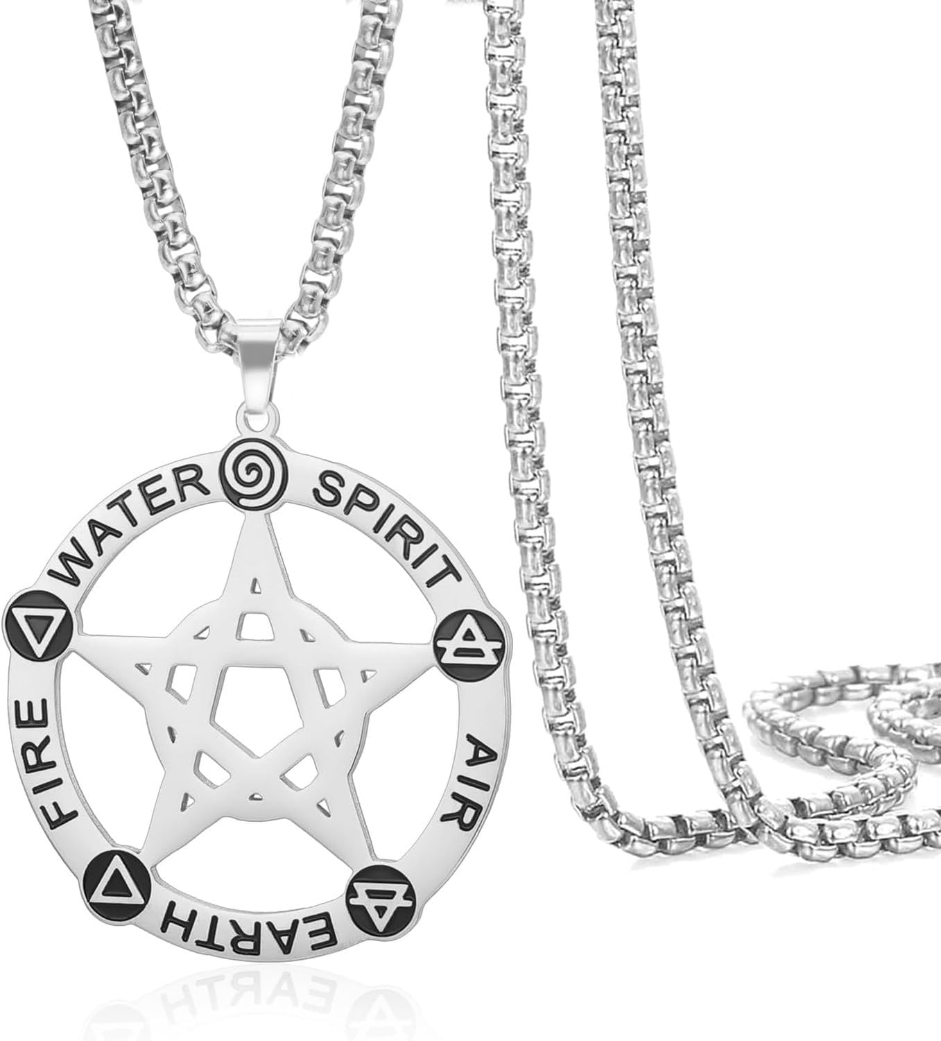 Faozhuo Pentagram Necklace Stainless Steel Men Women Pentacle Pendant Alchemy Symbol Pagan Wiccan Amulet Jewelry, Silver-Box Chain