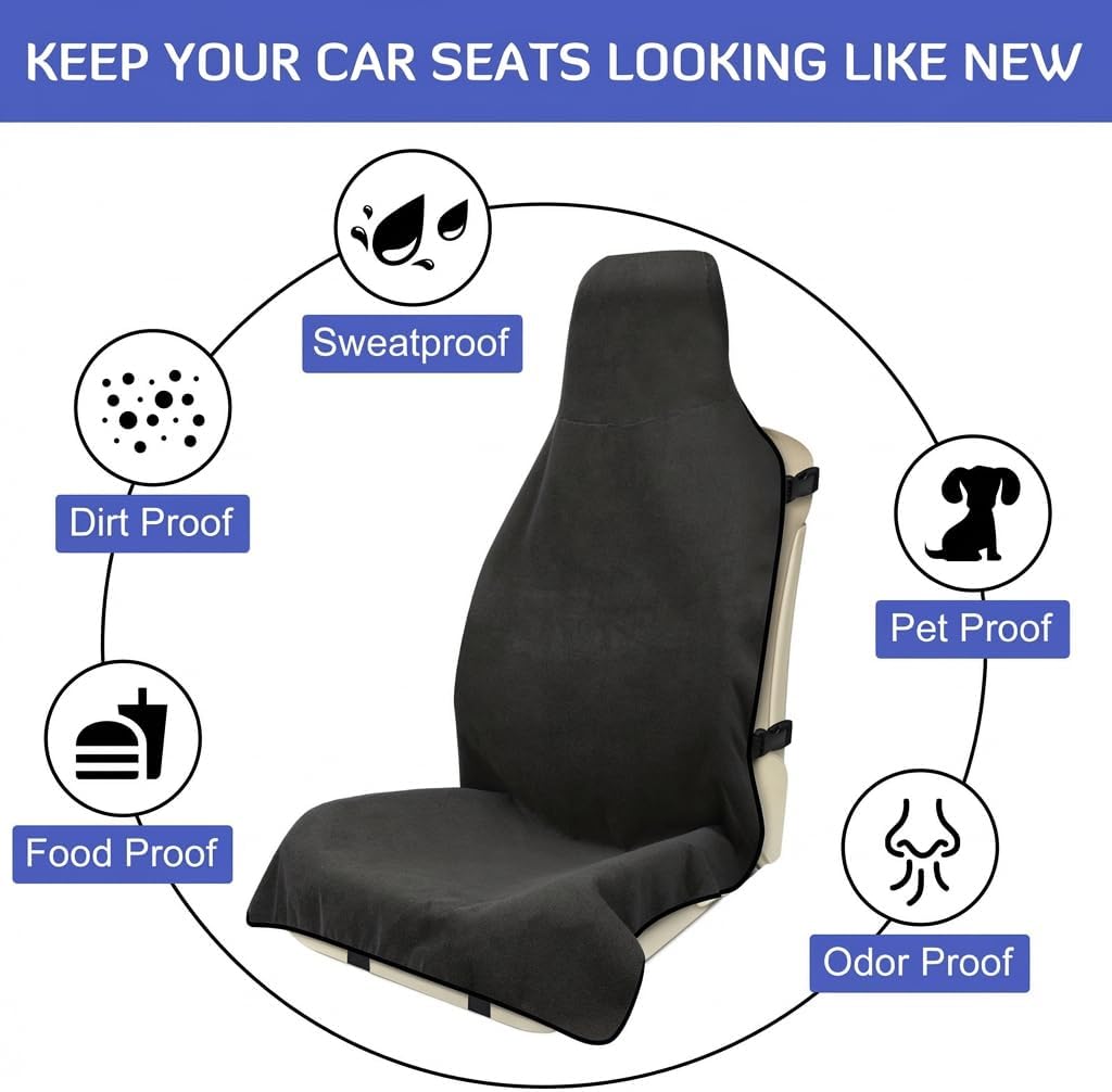 Car Seat Covers, 2PCS Premium Auto Seat Towel Fit Cars SUV Trucks, Ideal Gift for Active People Who Work Sweat Swim Run Beach, Black