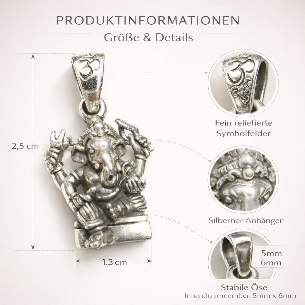 Ciondolo Ganesha, in argento Sterling lavorato con simbolo portafortuna, unisex