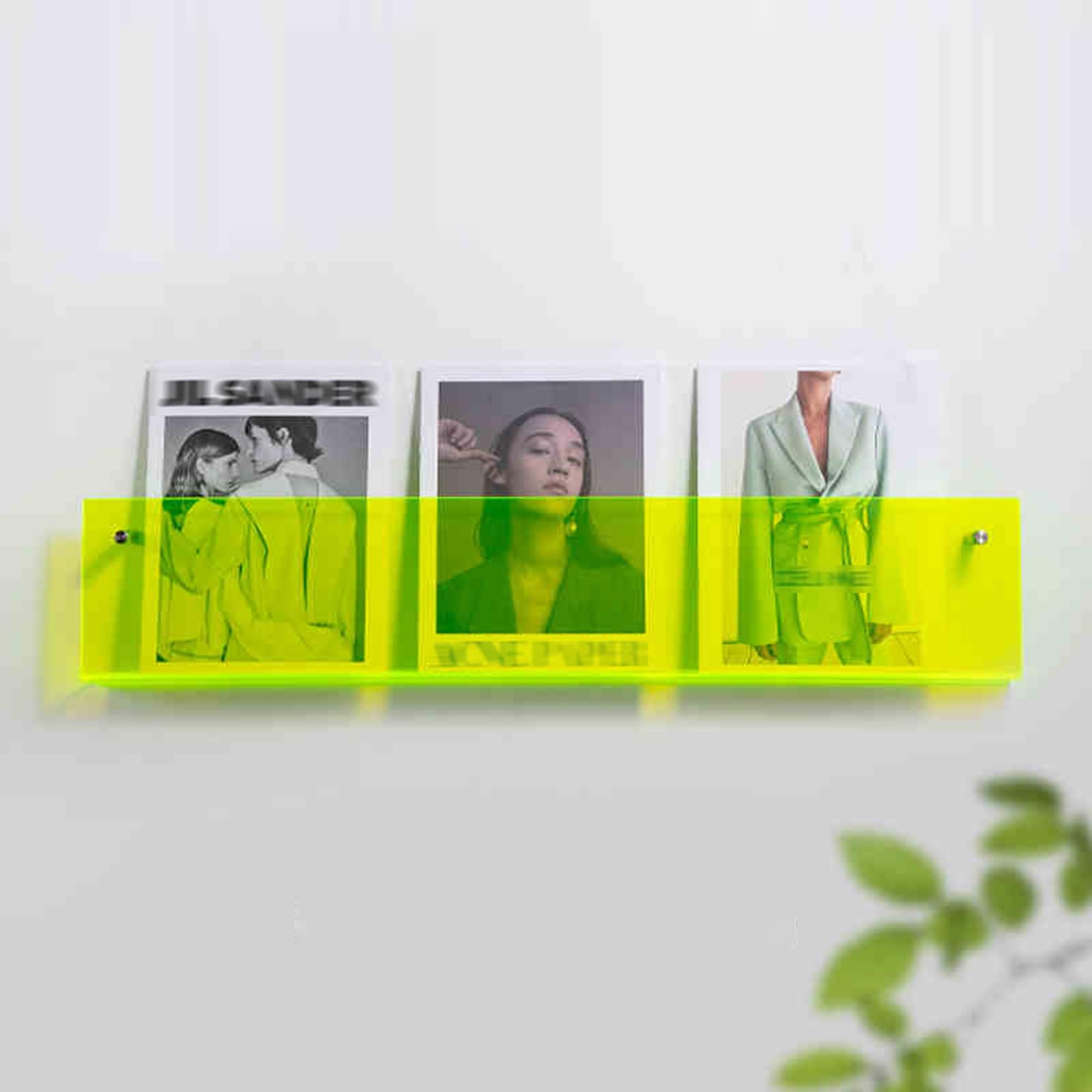 Supporto da parete in acrilico trasparente per riviste e dischi in vinile, elegante libreria da appendere per ufficio, caffetteria, sala d'attesa e casa (fluorescente, 120 x 15 x 5 cm)