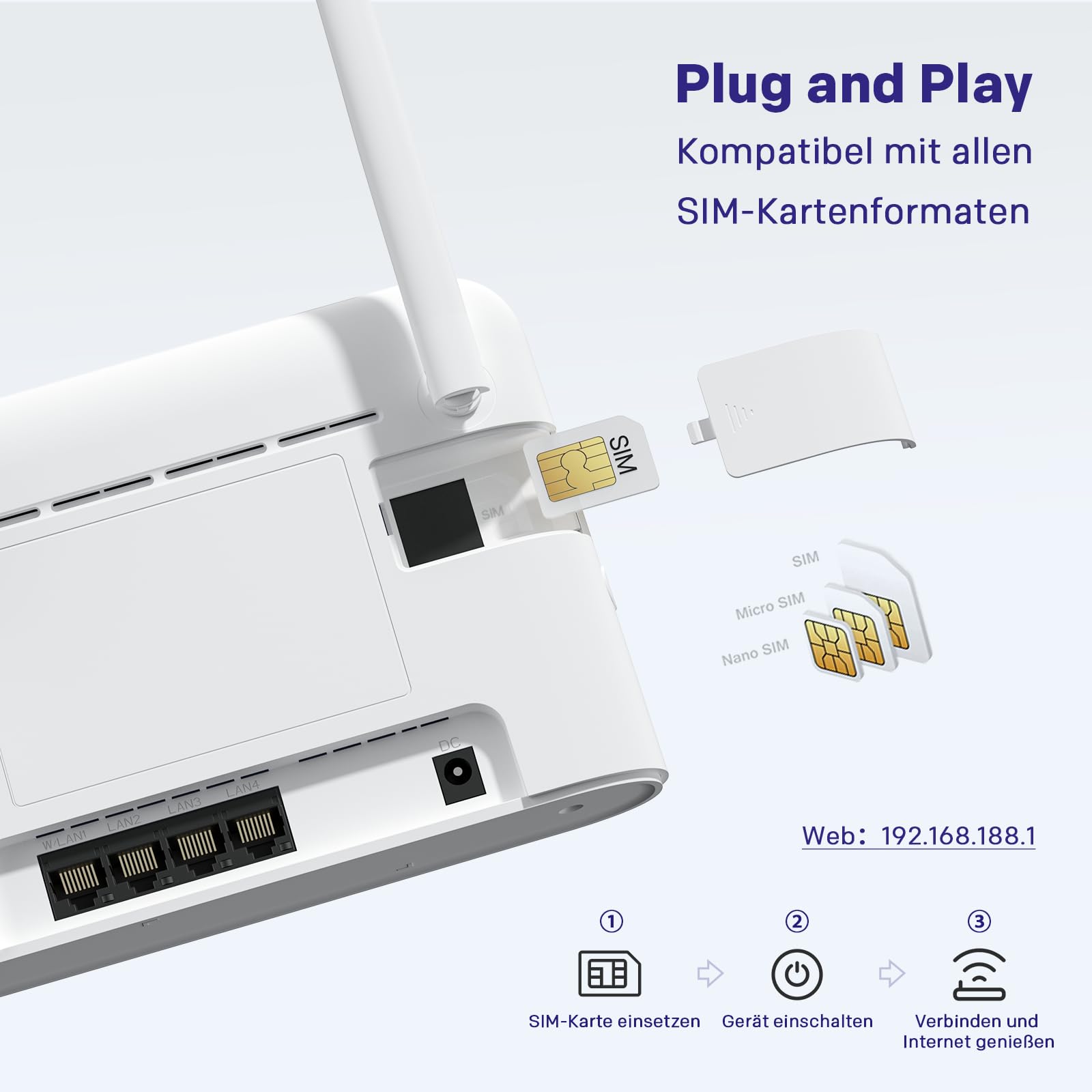 Strong N300 Mbit/s WLAN 4G Router, 4G Cat4 LTE Netzwerk, Feste Externe Antennen, 100Mbit/s WAN/LAN Ports, SIM-Karten-Router, Plug & Play, Unterstützt bis zu 32 Geräte, Sicheres Netzwerk, Weiß