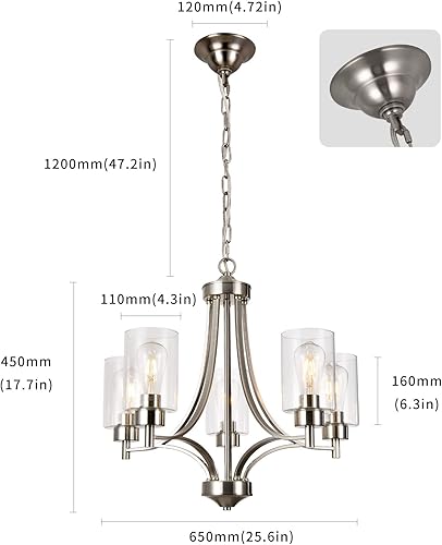 Miniatura 6 de BOZO Moderno candelabro de 5 luces de níquel cepillado para comedor con pantalla de vidrio transparente colgante de techo para cocina pasillo