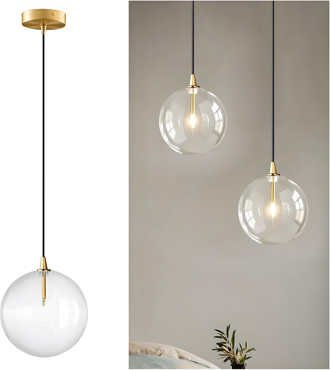 Minimalist Transparent Glass Ball Pendant Light in Gold Finish, Height Adjustable G4 LED Ceiling Haning Light for Dining Room & Living Room (25CM)