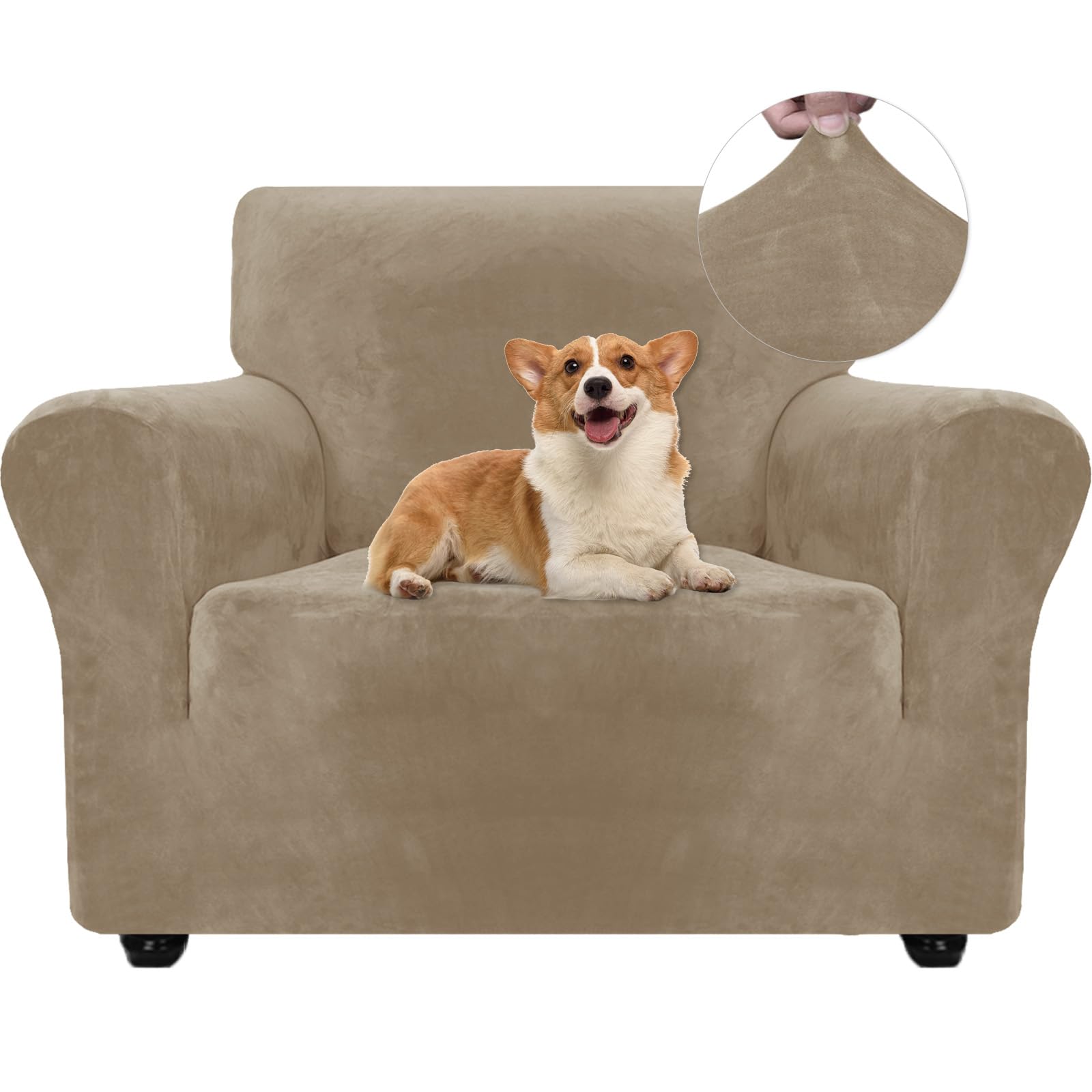Ystyle Funda Sillon 1 Plaza, Funda Sofa Terciopelo, Fundas para Sofa Ajustable, Cubre Sofa Elastica, Protector Sofa Gatos Arañazo Y Perros Mascotas, Funda Sofá con Reposabrazos, Camello Global Recycled Standard Global Recycled Standard Global Recycled Standard