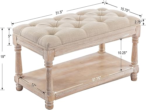 Miniatura 9 de Banco de almacenamiento de madera para entrada, banco otomano tapizado de lino con botones con patas negras para dormitorio, extremo de la cama, 45