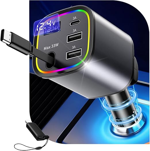 Caricatore Auto USB C 4 in1, AGEMANY 78W Rapido Accendisigari Auto con Cavo Retrattile e Luce RGB, Accendisigari USB Caricatore telefono auto per iPhone Android, Accessori Auto 12V/24V
