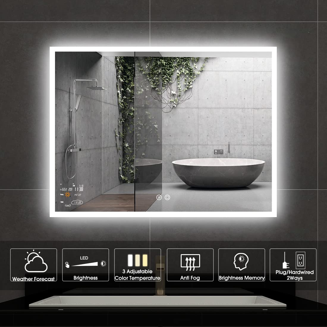 Evokor 32 x 24 Inch Led Smart Bathroom Mirror with Lights, Anti Fog Lighted Vanity Mirror with Weather Time Wall Mounted, White/Warm/Natural Light Dimmable, CRI92, IP54 Waterproof (Horizontal)