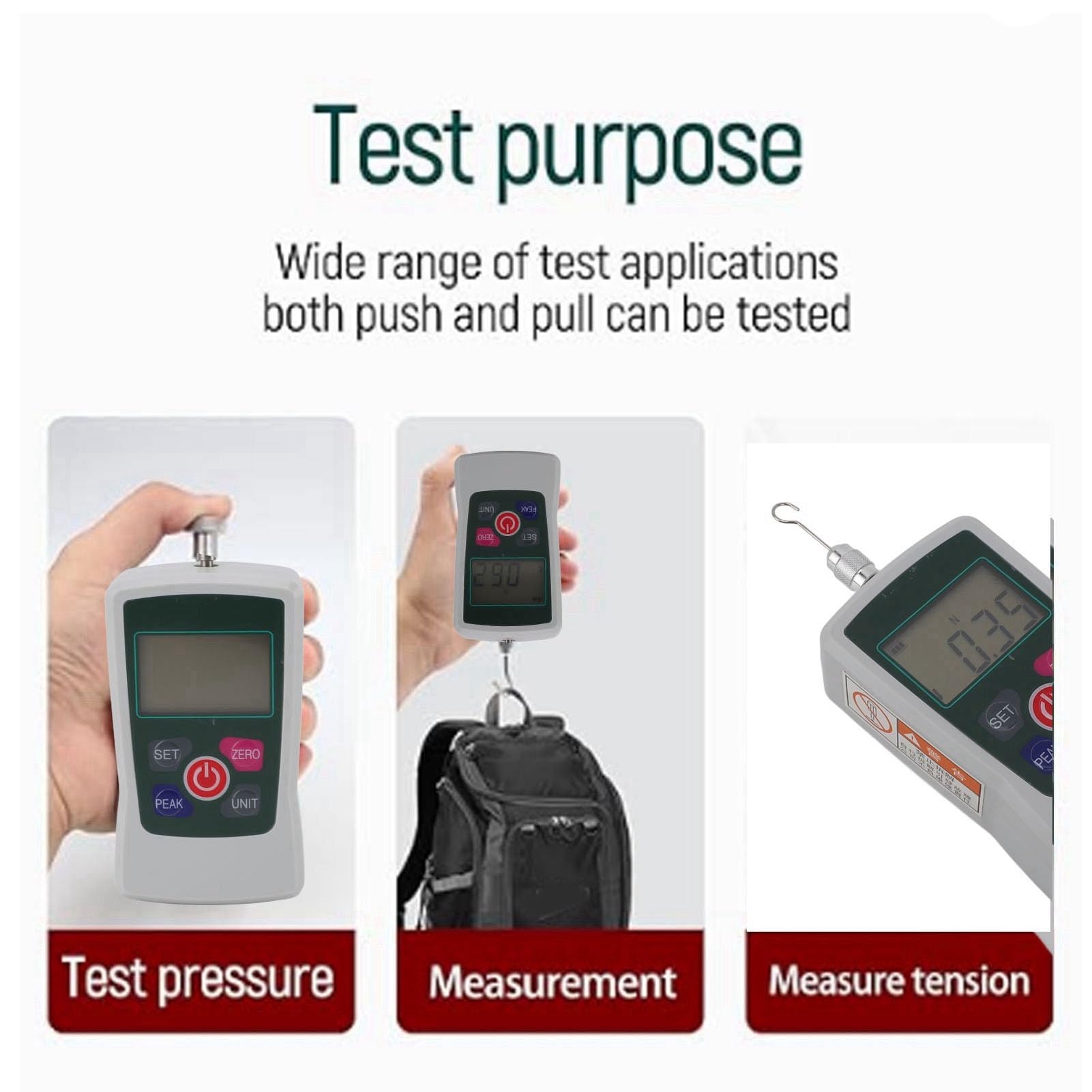 Dinamómetro Digital de Empuje y Tracción, Medidor de Fuerza 50N/5kg con Pantalla LCD, Función Pico, Conversión de Unidades, Alarma para Pruebas de Compresión y Tensión