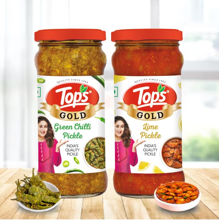 Image of TOPS Gold Pickle Lime 375 gm + Gold Pickle Green Chilli 375 gm (Combo) | Prepared with the goodness of Mustard Oil